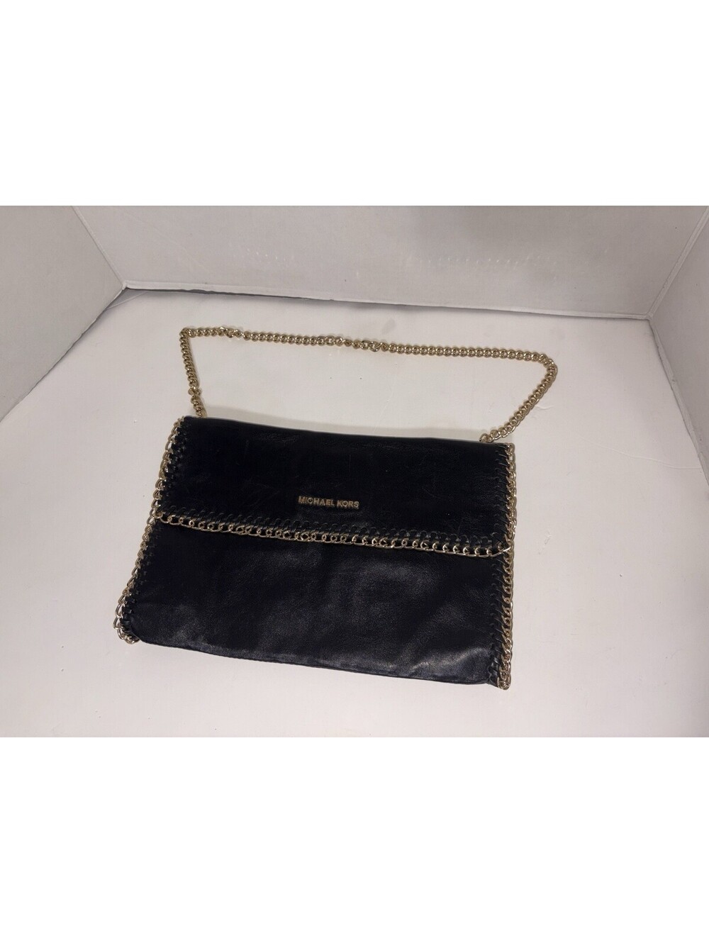 Michael Kors Chelsea Black Clutch Shoulder Handbag Gold Chain